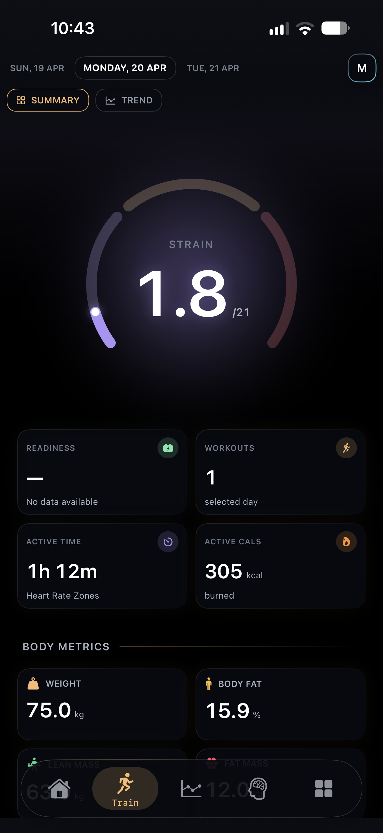 HealthPeek Training Strain screen