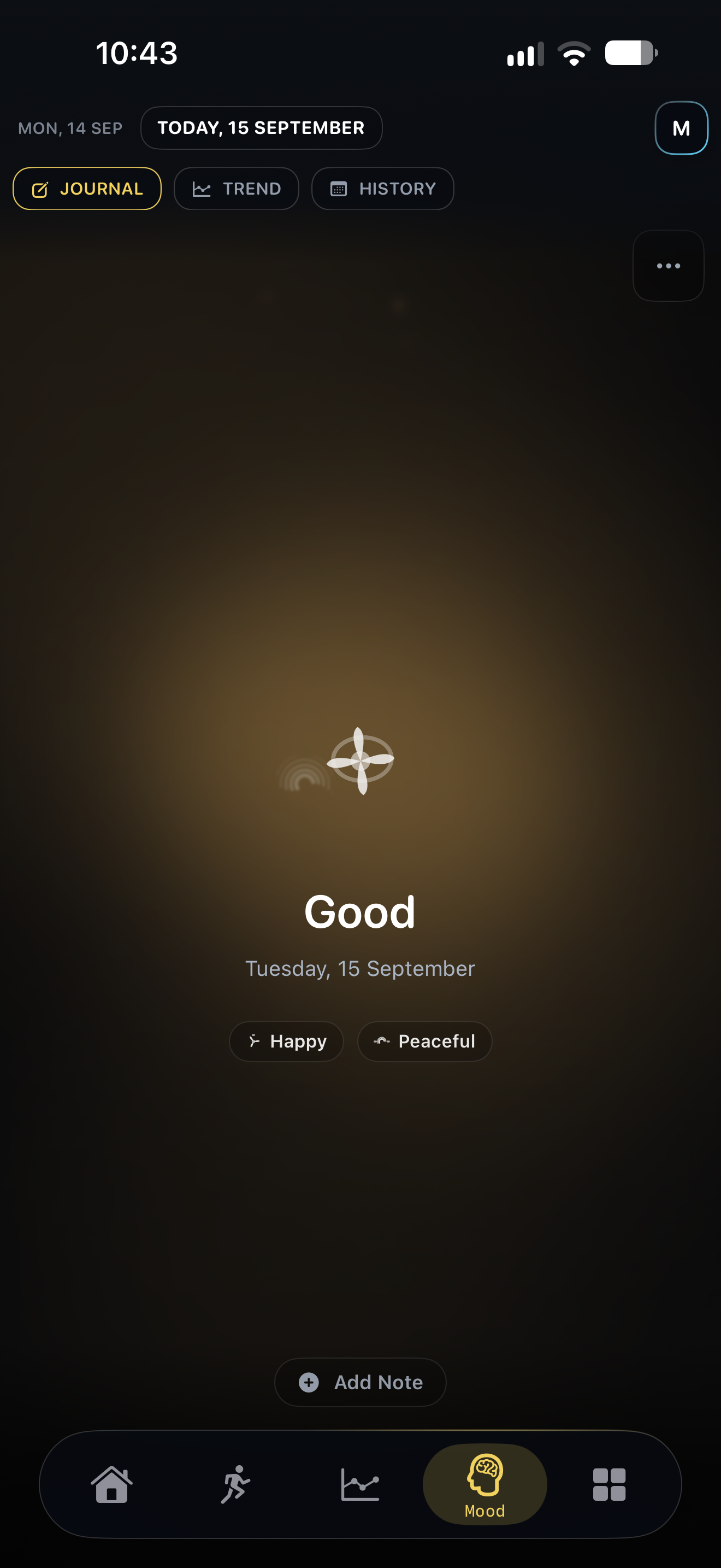 HealthPeek mood journal showing a Good day with Happy and Peaceful emotions