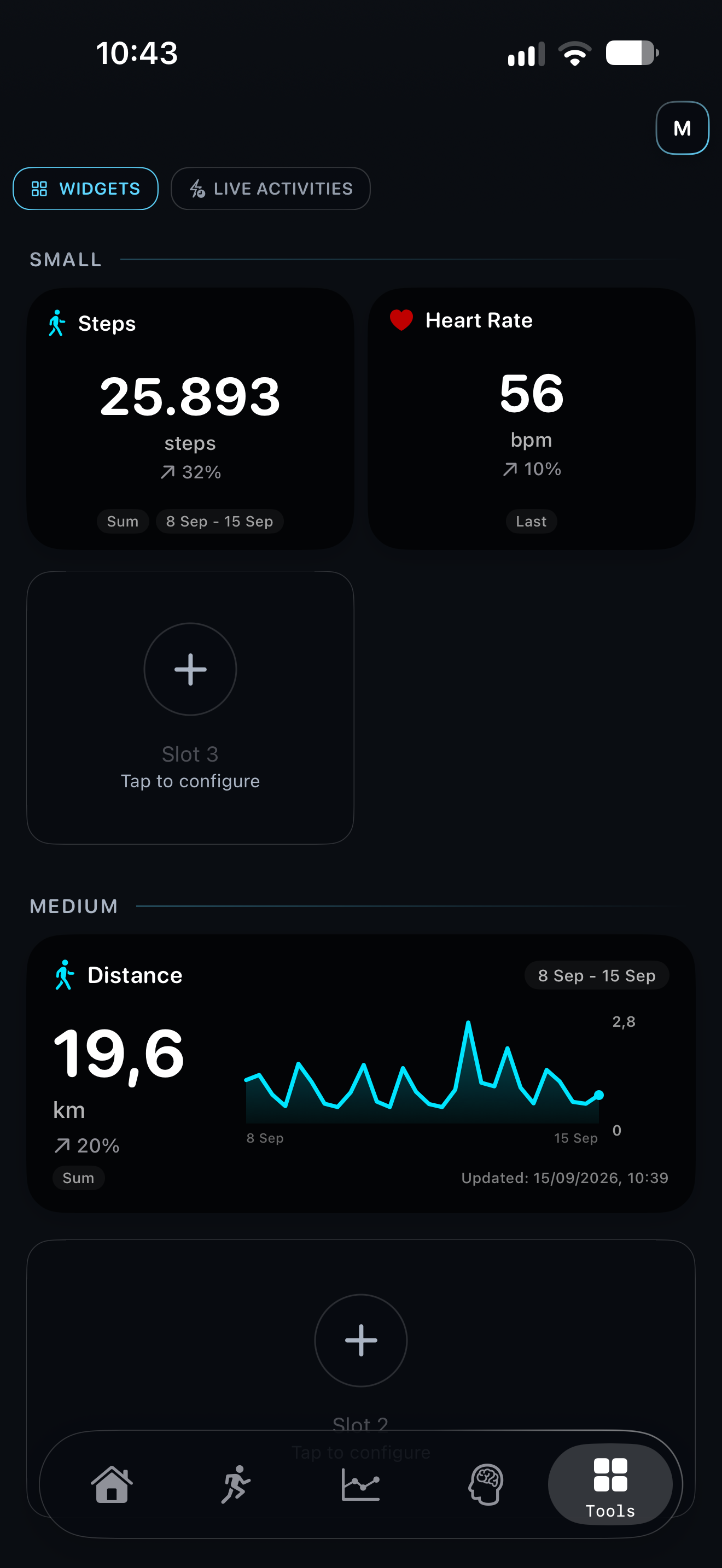 HealthPeek widgets showing steps, heart rate and distance