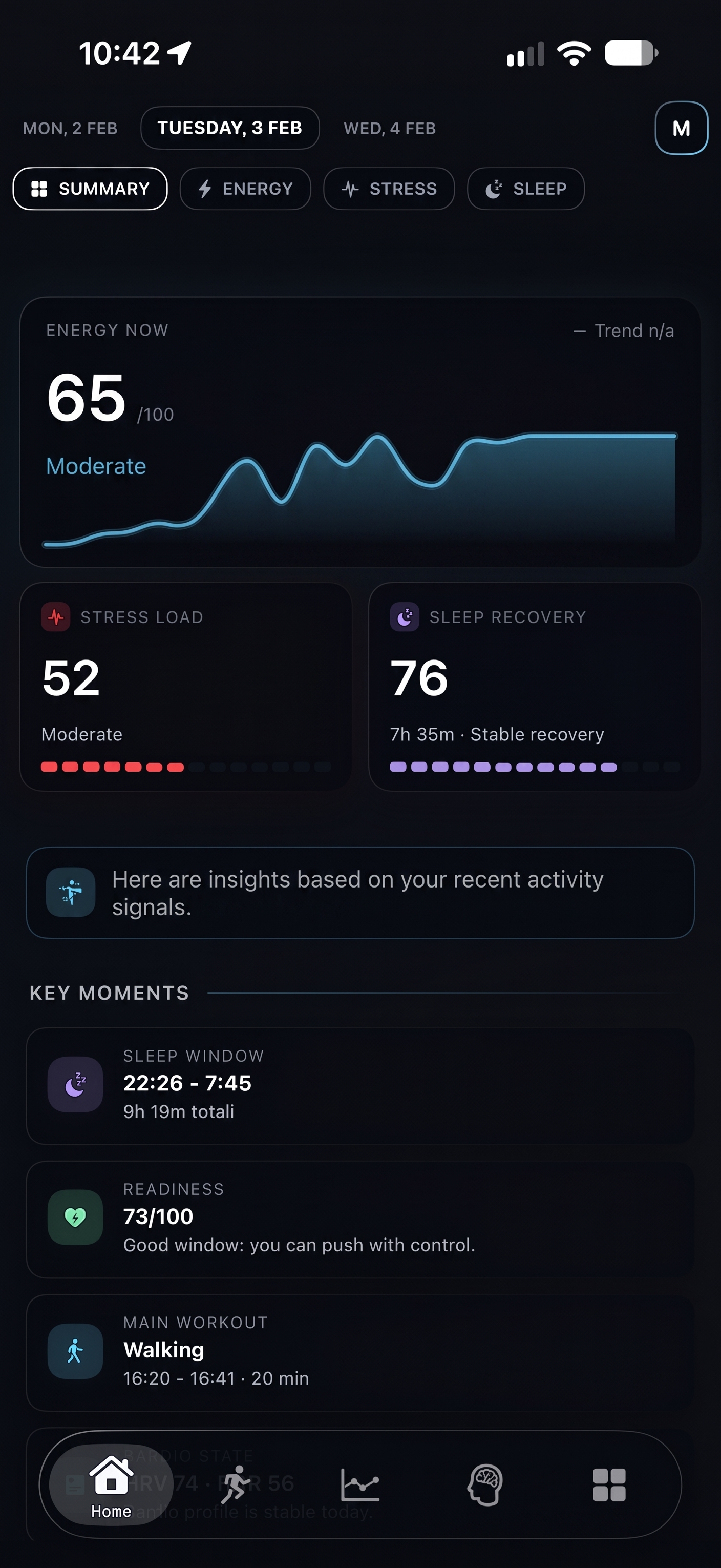 HealthPeek daily summary with energy, stress, sleep and readiness